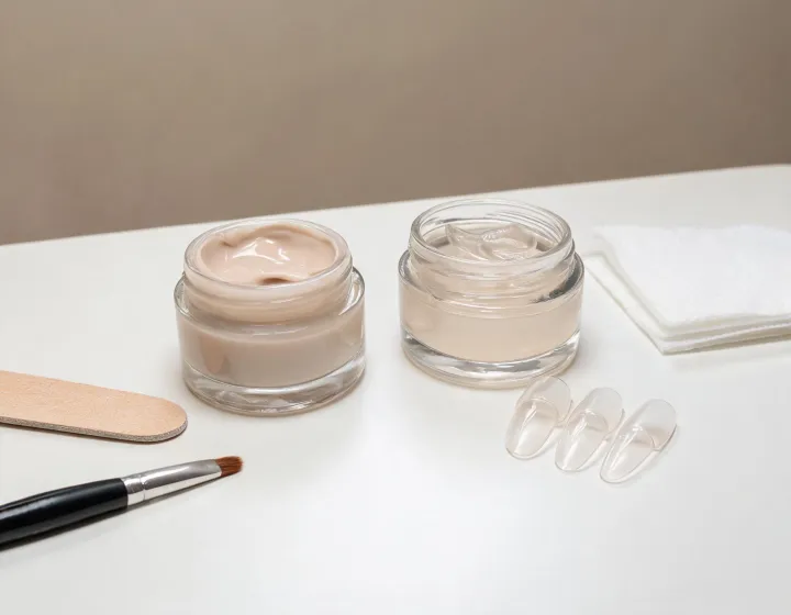builder gel vs gel x on a cosmetics bench, illustration only